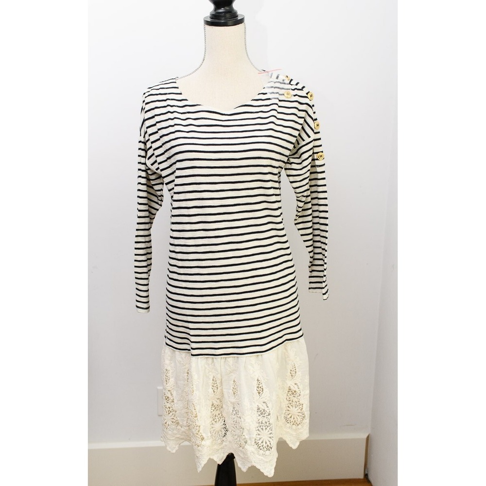 Soft Surroundings Left Bank Shift Dress Lace Eyelet Striped Coastal S NEW Resort